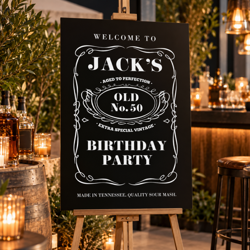 Whiskey Daniels Birthday Party Welcome Sign