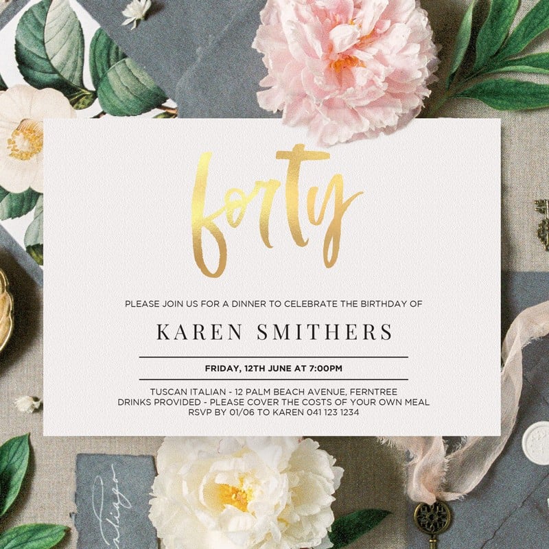 Gold Number 40 Birthday Invitations