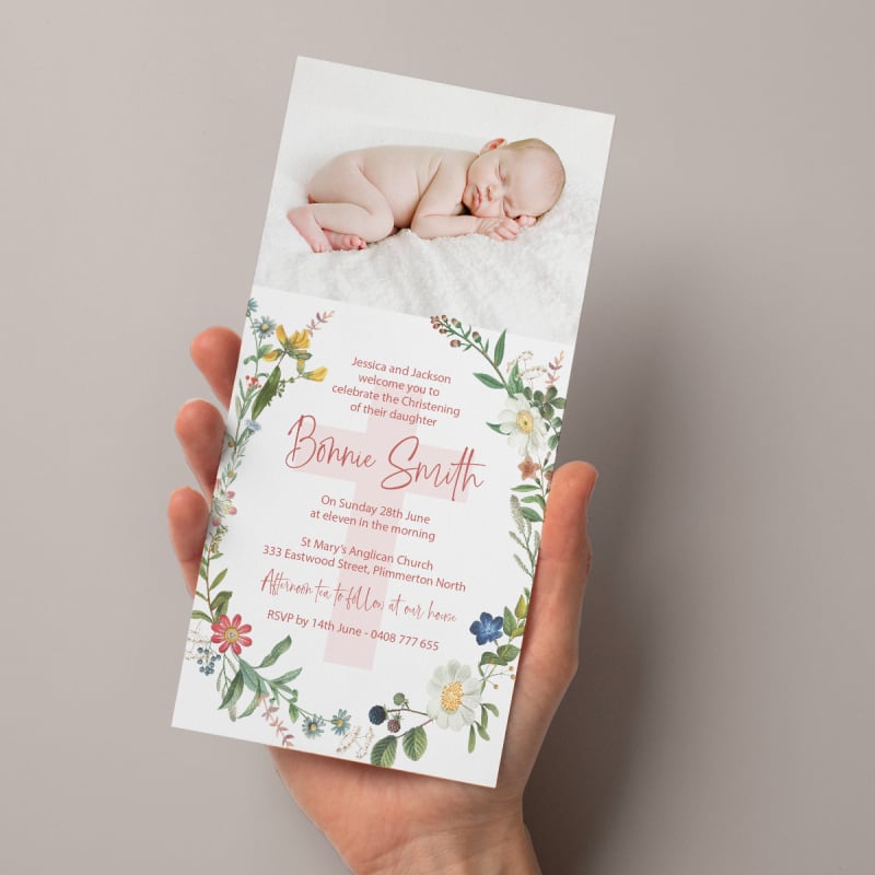 Cross and Flowers Christening Invitation