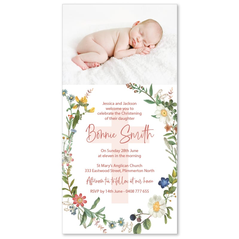 Cross and Flowers Christening Invitation