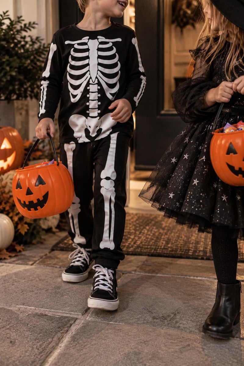 Two children trick-or-treating in skeleton and witch costumes with pumpkin buckets