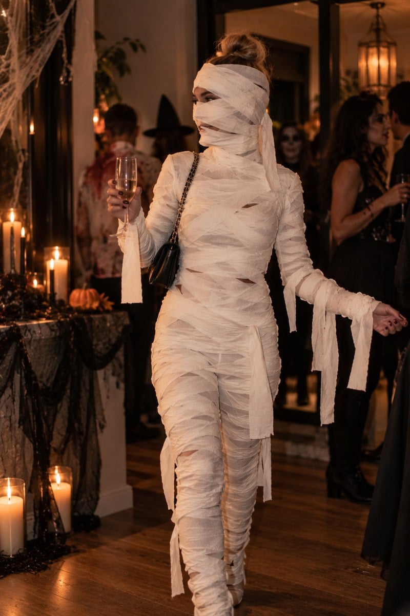 Adult in a mummy costume wrapped in light cotton at a Halloween house party