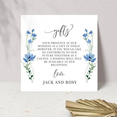 A Touch of Blue wedding wishing well card with blue floral illustration
