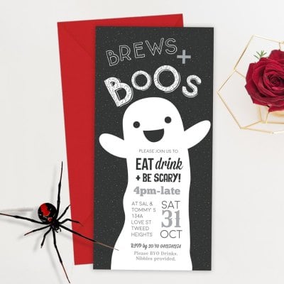Brews and Boos Halloween invitation with a cartoon ghost