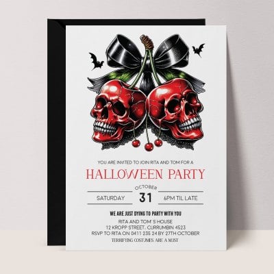 Cherry Skulls Halloween invitation with red skulls and a black bow