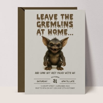 Gremlin Halloween invitation with a green cartoon gremlin