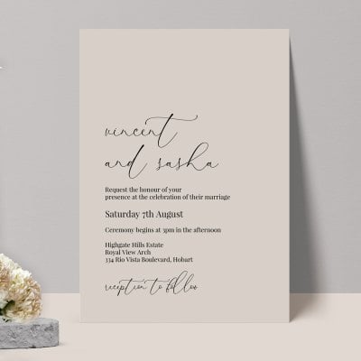 Neutral Love minimalist wedding invitation in taupe
