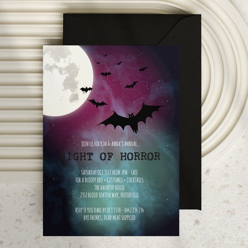 Night Sky Halloween party invitation with a full moon and bats