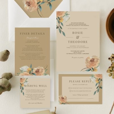 Romantic wedding invitation suite with peach florals and wishing well card