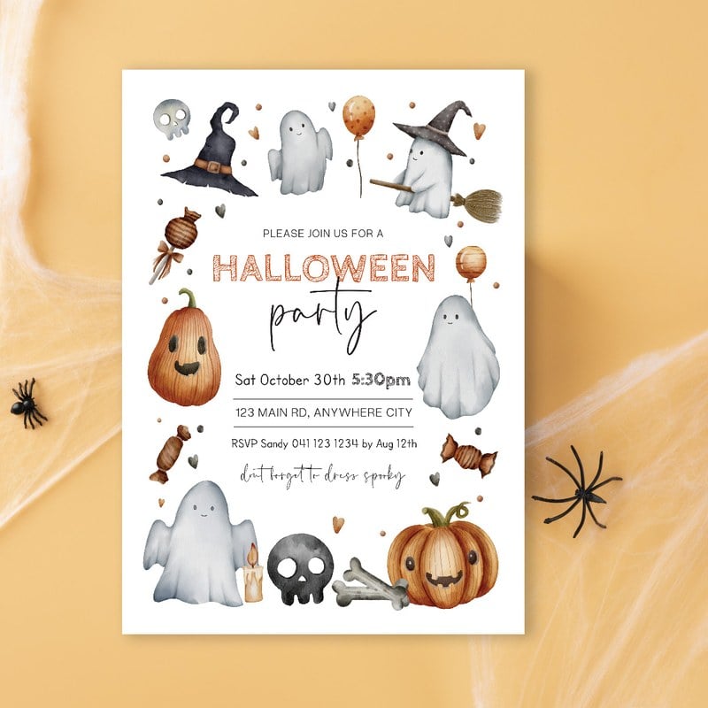 Spooky Halloween party invitation with ghosts, pumpkins and a witch hat