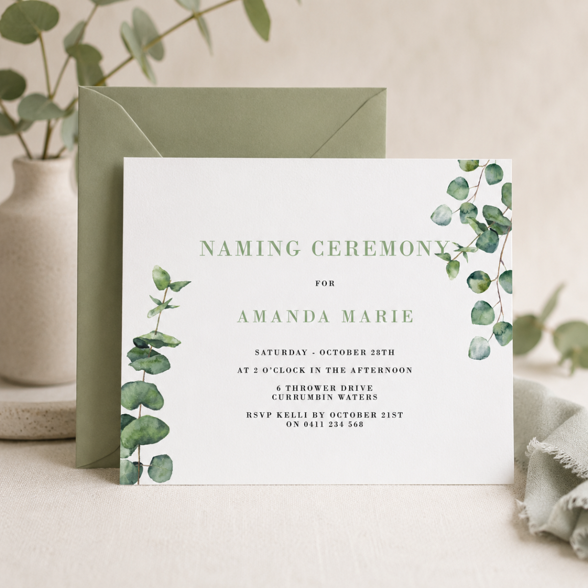 Greenery Naming Day Invitation